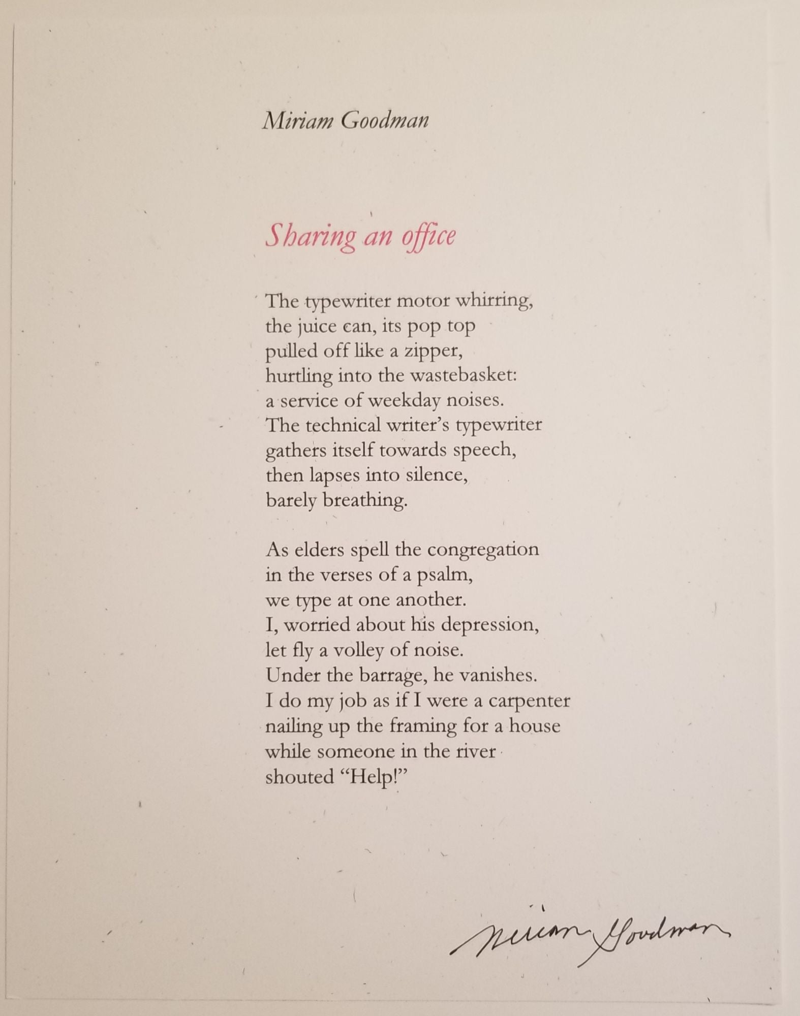 SHARING AN OFFICE. A Poem by Miriam Goodman on Bert Babcock - Bookseller,  LLC