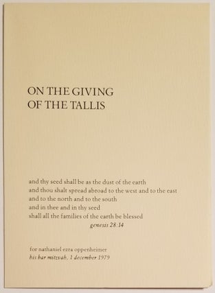Book #8003] ON THE GIVING OF THE TALLIS. Joel Oppenheimer